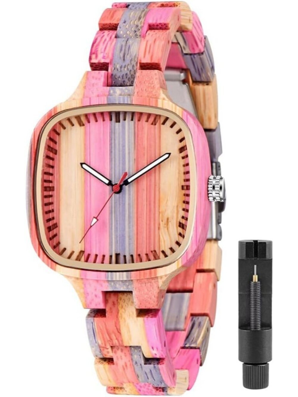 Women's Multi Colorful Analog Quartz Couples Bamboo Classic Square Wooden Watch